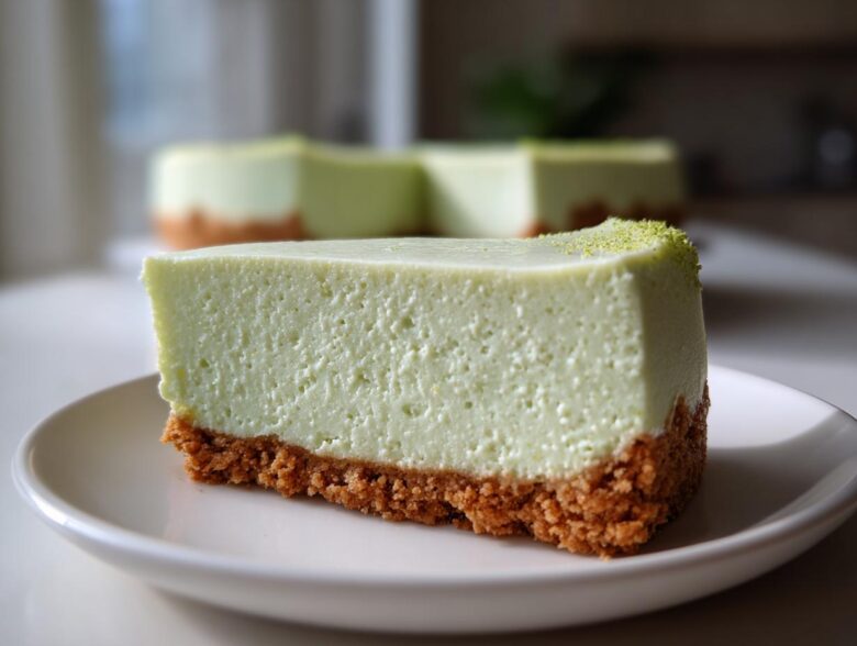 A close-up of a thick slice of light green key lime cheesecake with a graham cracker crust, sitting on a white plate.