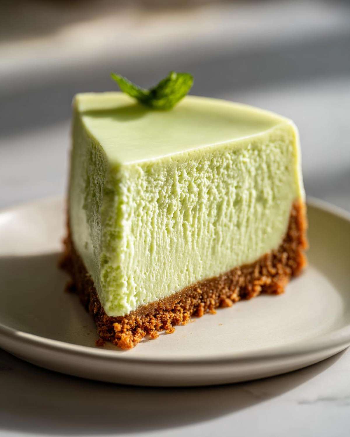 A beautiful, tall slice of light green key lime cheesecake with a graham cracker crust, garnished with a mint leaf.