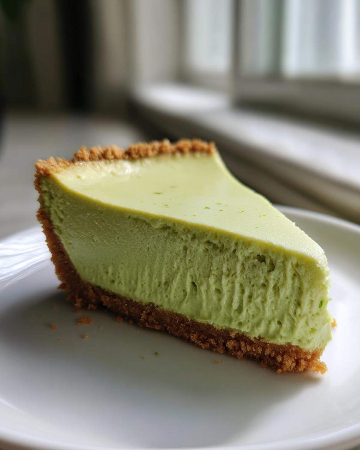 A close-up of a thick slice of bright green key lime cheesecake with a graham cracker crust on a white plate.