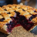 A golden-brown lattice crust berry pie with a slice removed, showing the deep purple, juicy berry filling.