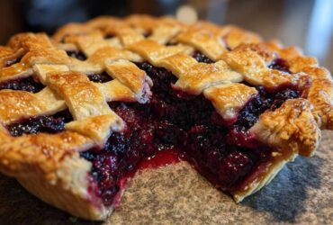 A golden-brown lattice crust berry pie with a slice removed, showing the deep purple, juicy berry filling.