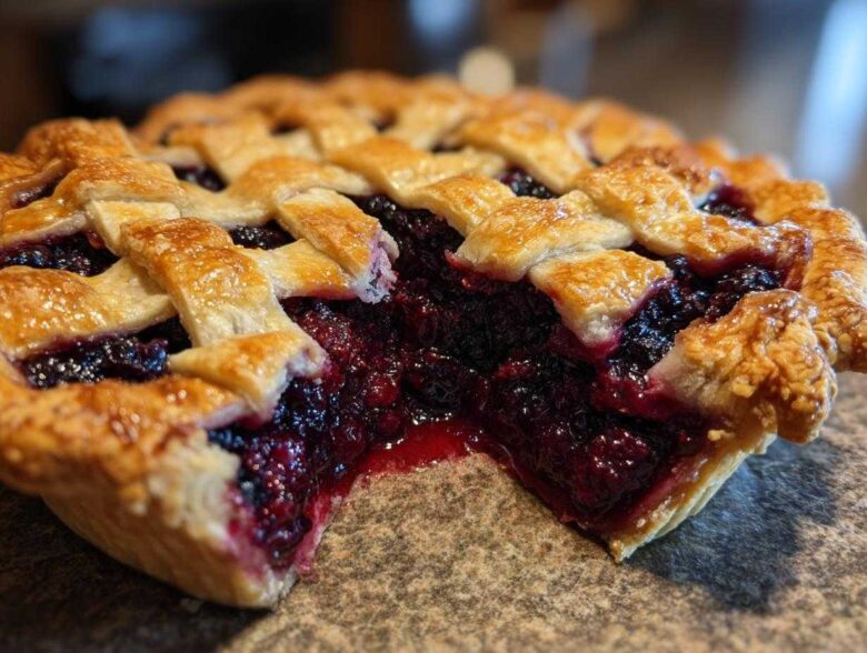 A golden-brown lattice crust berry pie with a slice removed, showing the deep purple, juicy berry filling.
