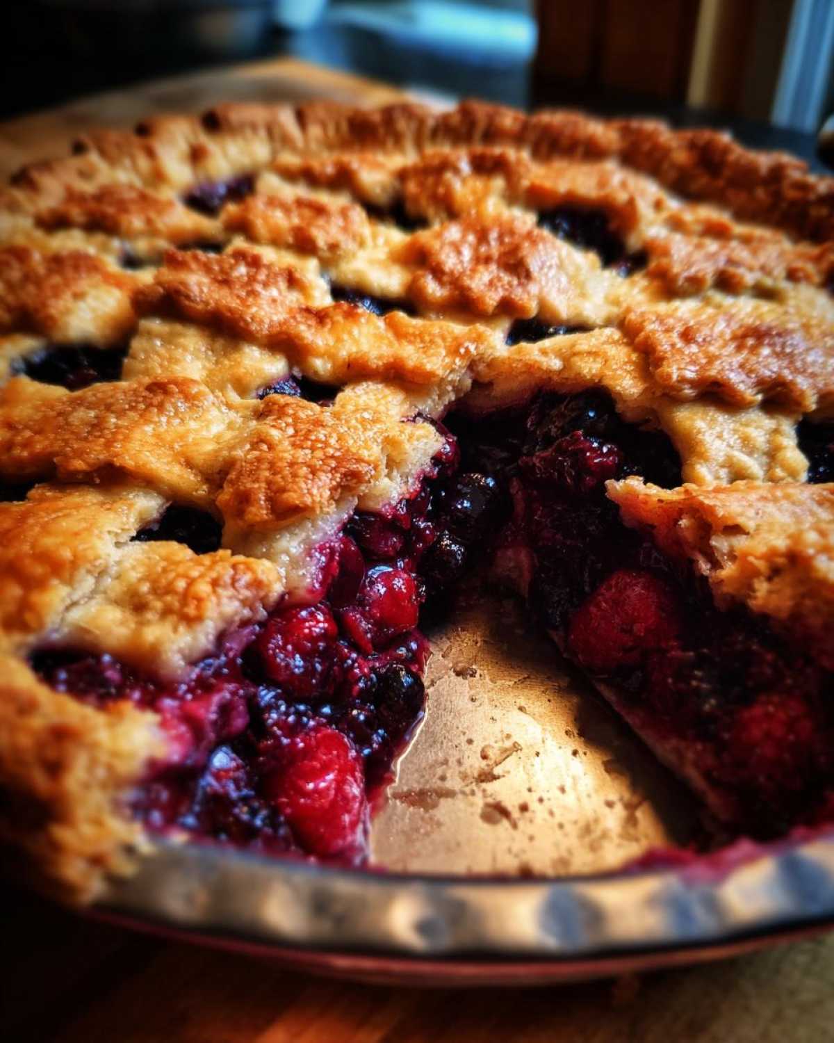 A slice removed from a golden-brown lattice berry pie, showing the vibrant, juicy filling.