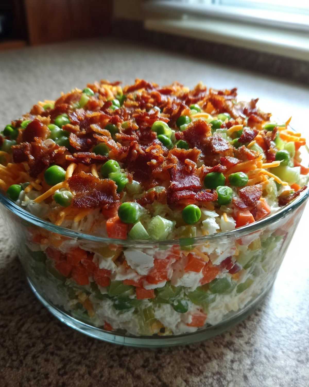 Close-up of a vibrant 7 layer salad in a clear glass bowl, topped with crispy bacon, peas, and shredded cheese.