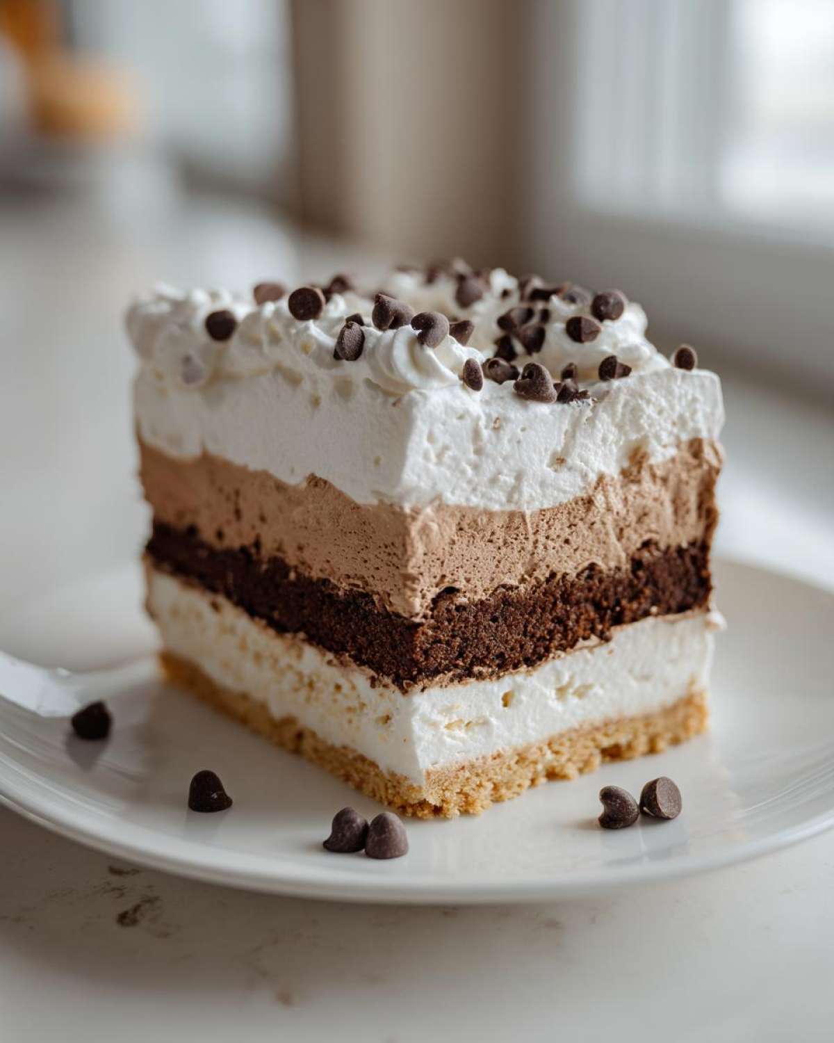 A tall, layered slice of chocolate and vanilla ice cream cake topped with whipped cream and mini chocolate chips.