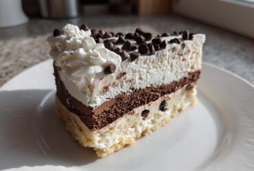 A decadent slice of layered ice cream cake featuring vanilla, chocolate, and whipped cream topping with chocolate chips.