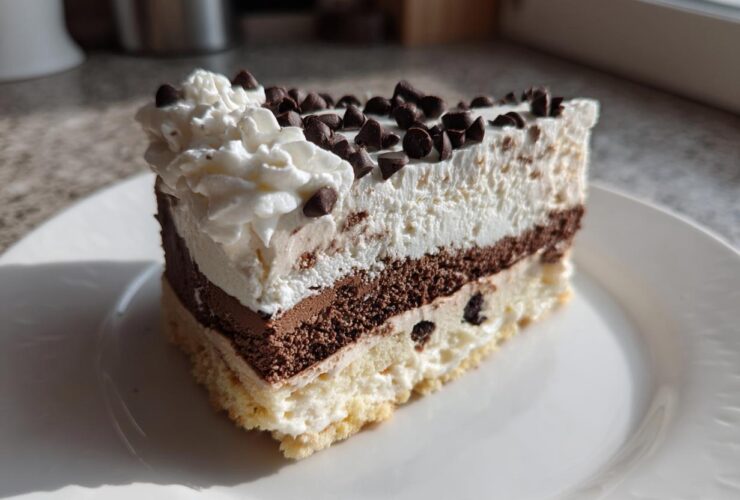 A decadent slice of layered ice cream cake featuring vanilla, chocolate, and whipped cream topping with chocolate chips.