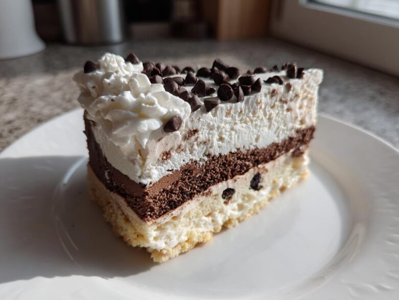 A decadent slice of layered ice cream cake featuring vanilla, chocolate, and whipped cream topping with chocolate chips.