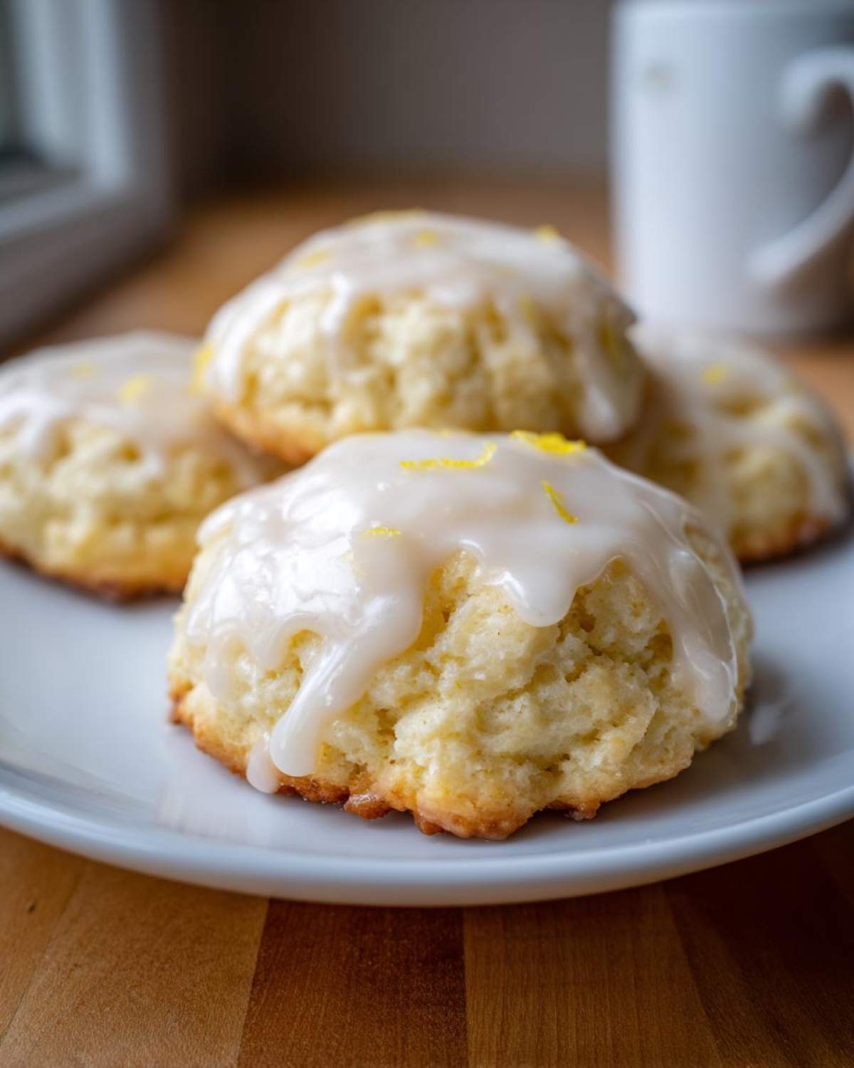 Close-up of soft Italian ricotta cookies topped with thick lemon glaze and zest.