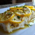 Close-up of a flaky white fish, a perfect Seafood Dish, topped with bright yellow lemon slices and herbs.