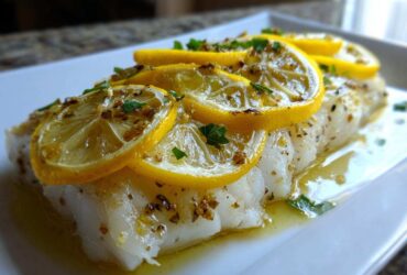 Close-up of a flaky white fish, a perfect Seafood Dish, topped with bright yellow lemon slices and herbs.