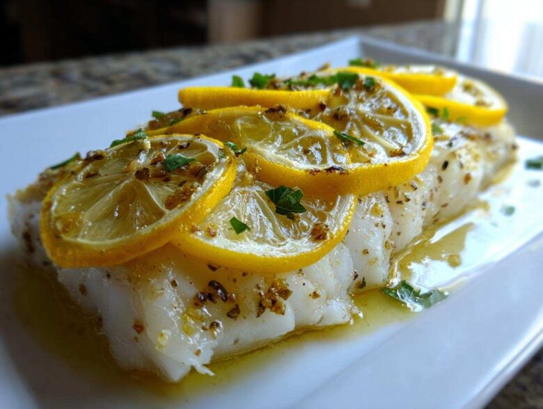 Close-up of a flaky white fish, a perfect Seafood Dish, topped with bright yellow lemon slices and herbs.