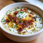 A close-up of a creamy bowl of Loaded Baked Potato Soup garnished with bacon bits, shredded cheddar, sour cream, and chives.