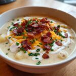 A close-up of a creamy bowl of Loaded Baked Potato Soup, garnished generously with shredded cheese, bacon bits, sour cream, and fresh chives.