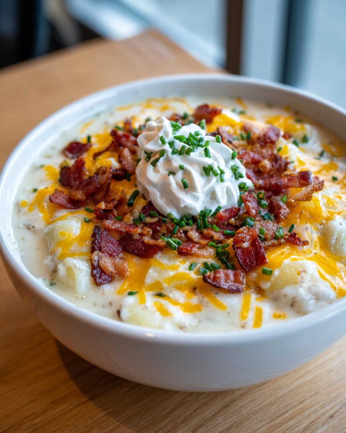 Close-up of a hearty bowl of Loaded Baked Potato Soup topped with sour cream, bacon bits, cheddar cheese, and chives.