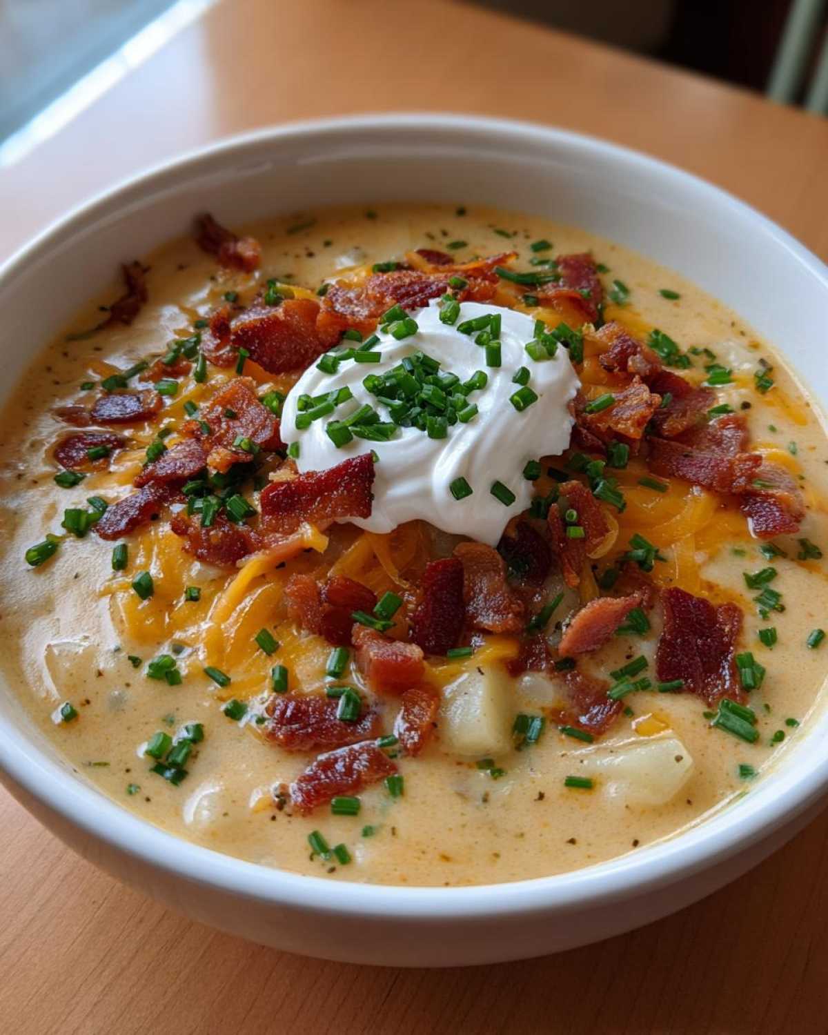 A close-up of a bowl of creamy Loaded Baked Potato Soup garnished with shredded cheddar, crispy bacon bits, sour cream, and fresh chives.