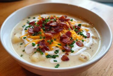 A close-up of a creamy bowl of Loaded Baked Potato Soup, garnished generously with shredded cheese, bacon bits, sour cream, and fresh chives.