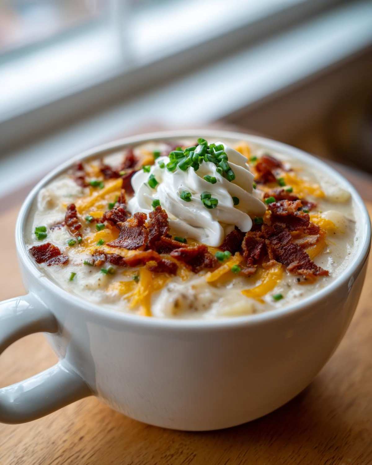 A close-up of a hearty bowl of Loaded Baked Potato Soup topped with sour cream, bacon, cheese, and chives.