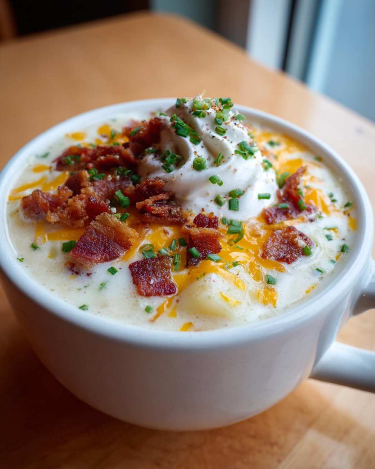 Close-up of a creamy bowl of Loaded Baked Potato Soup garnished with sour cream, bacon bits, shredded cheese, and chives.