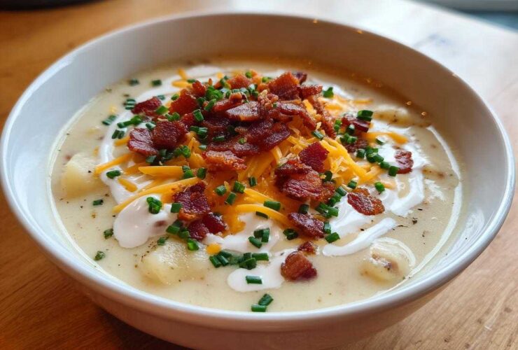A close-up of a creamy bowl of Loaded Baked Potato Soup, garnished generously with shredded cheese, bacon bits, sour cream, and fresh chives.