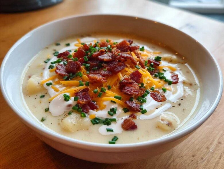 A close-up of a creamy bowl of Loaded Baked Potato Soup, garnished generously with shredded cheese, bacon bits, sour cream, and fresh chives.