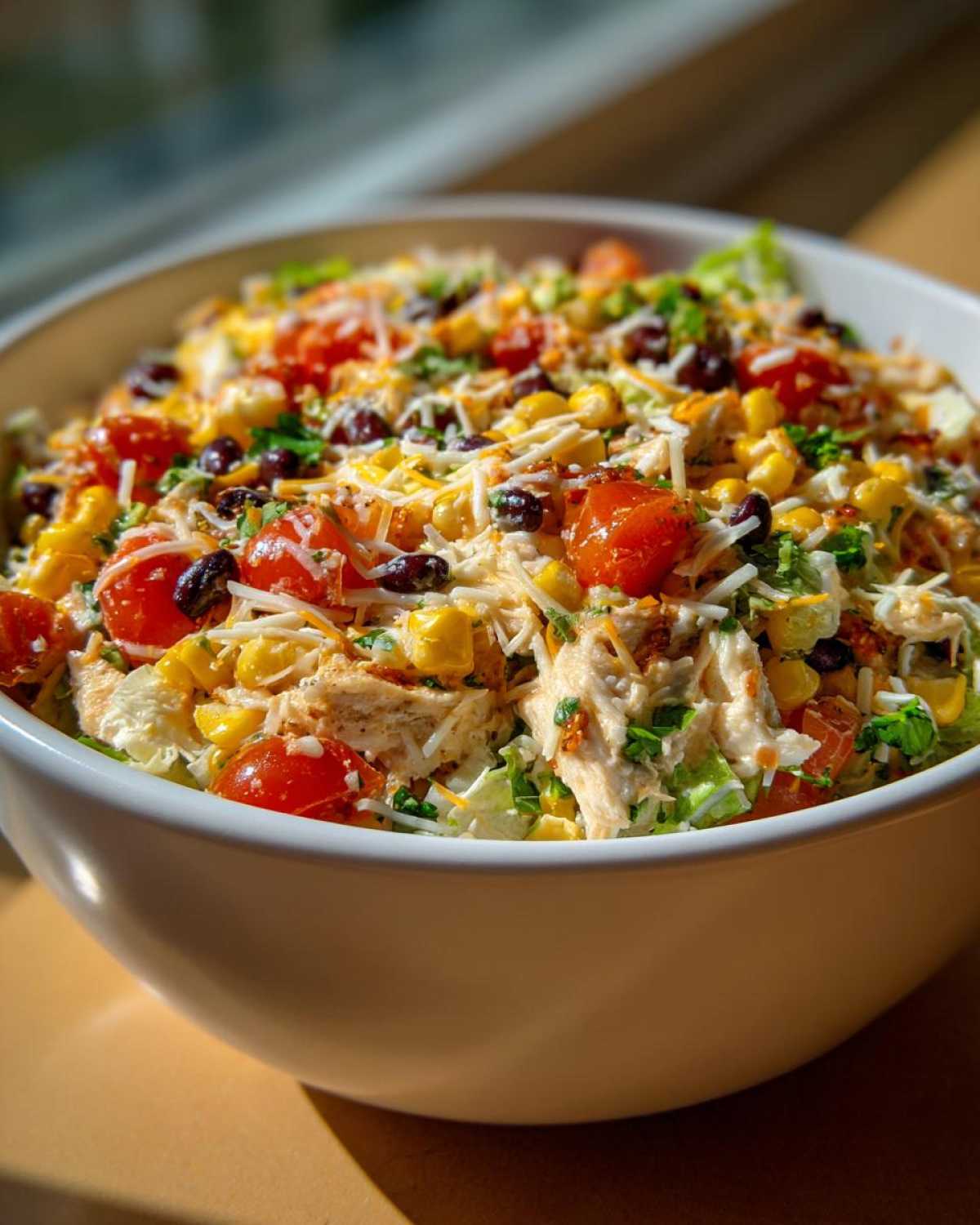 Close-up of a vibrant southwest salad packed with chicken, corn, black beans, tomatoes, cheese, and creamy dressing.
