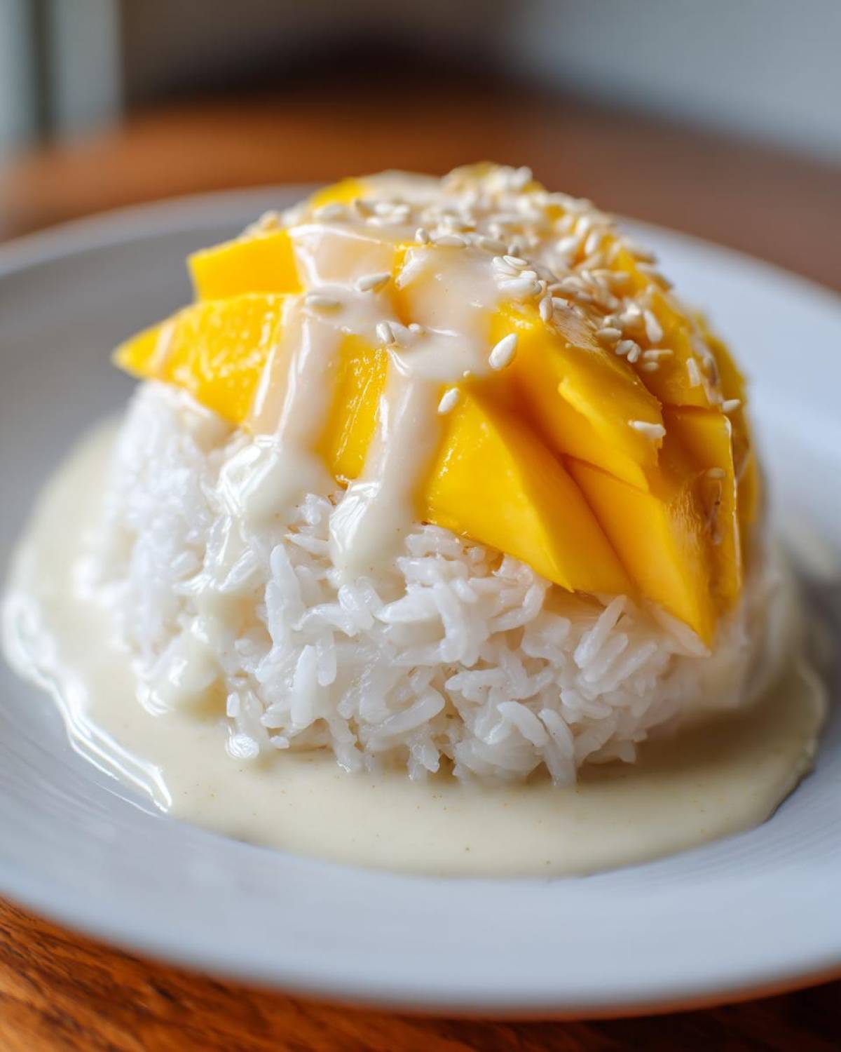 Close-up of a mound of sticky rice topped with bright yellow mango slices, drizzled with coconut cream, and sprinkled with sesame seeds for mango sticky rice.