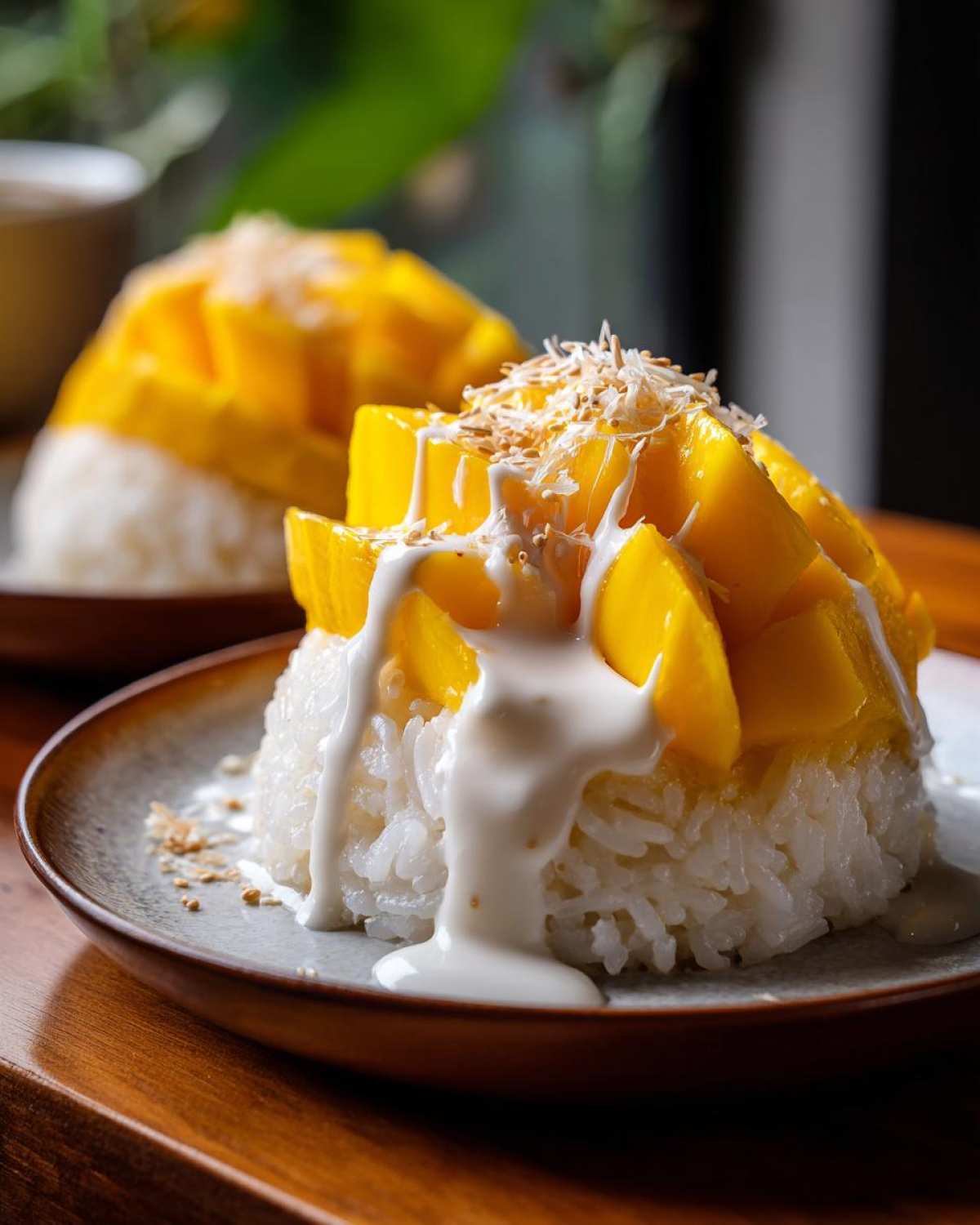 Close-up of a serving of mango sticky rice topped with fresh mango slices, coconut cream sauce, and toasted coconut flakes.