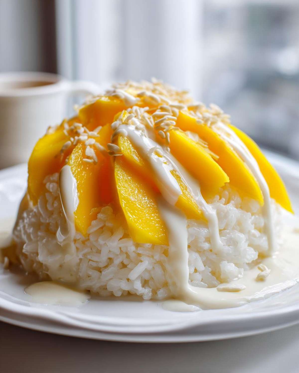 A beautiful serving of mango sticky rice topped with fresh mango slices, coconut cream, and toasted sesame seeds.