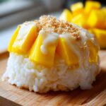 A perfectly molded serving of mango sticky rice topped with fresh mango slices, coconut cream, and toasted coconut flakes.