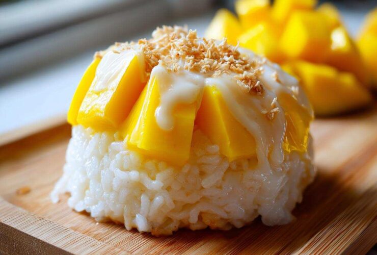 A perfectly molded serving of mango sticky rice topped with fresh mango slices, coconut cream, and toasted coconut flakes.