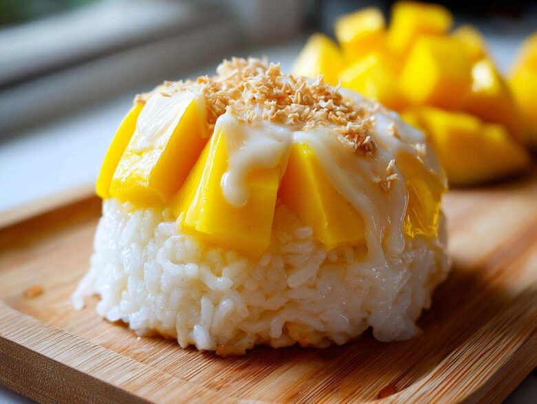 A perfectly molded serving of mango sticky rice topped with fresh mango slices, coconut cream, and toasted coconut flakes.