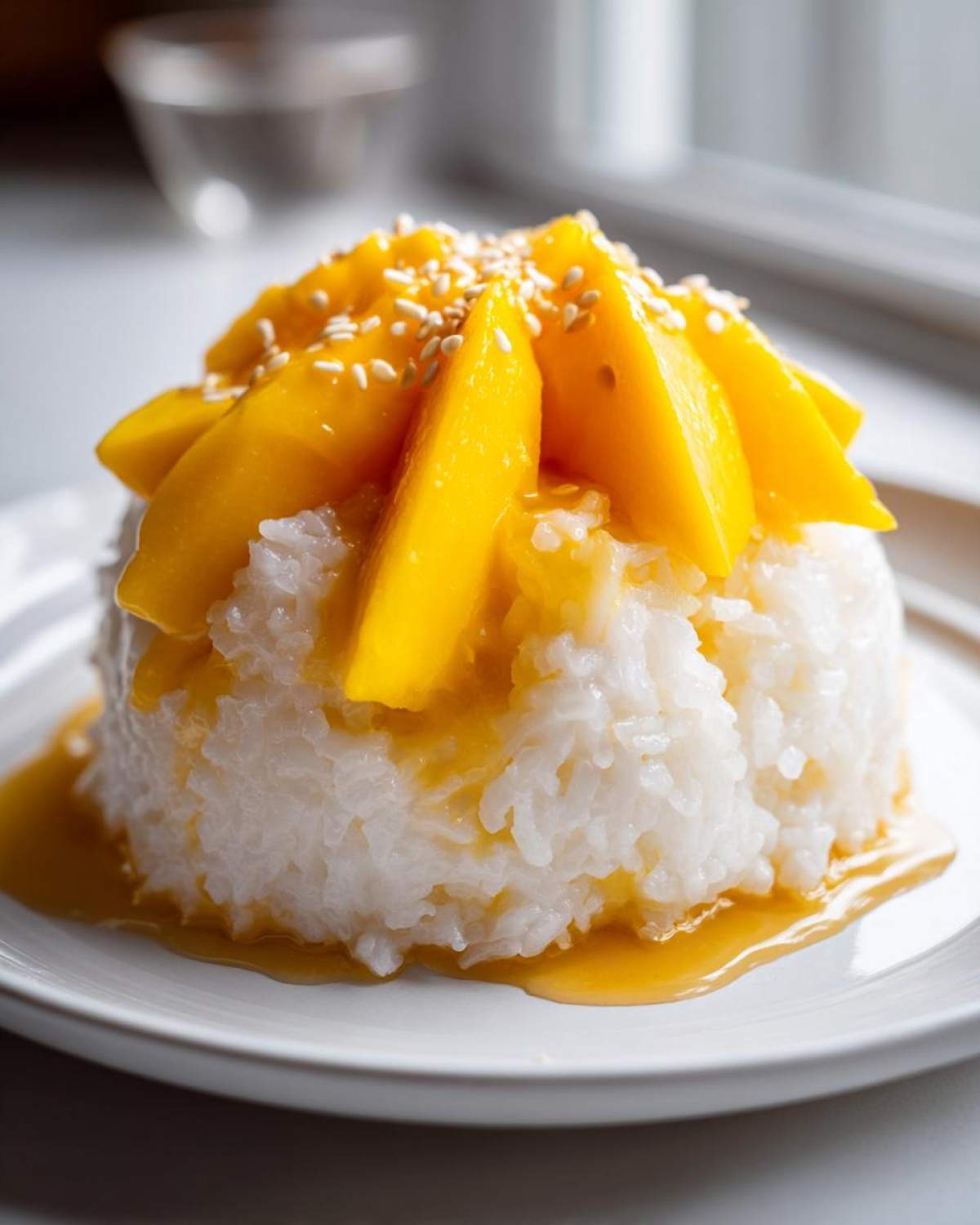 A mound of white sticky rice topped with bright yellow mango slices and drizzled with sweet sauce, a perfect mango sticky rice.