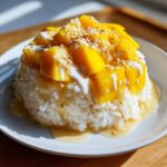 A close-up of perfectly plated mango sticky rice, topped with fresh mango chunks, coconut cream, and toasted sesame seeds.