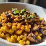Close-up of creamy Mexican Street Corn Salad MushroomSalus topped with mushrooms, chili flakes, and cilantro.