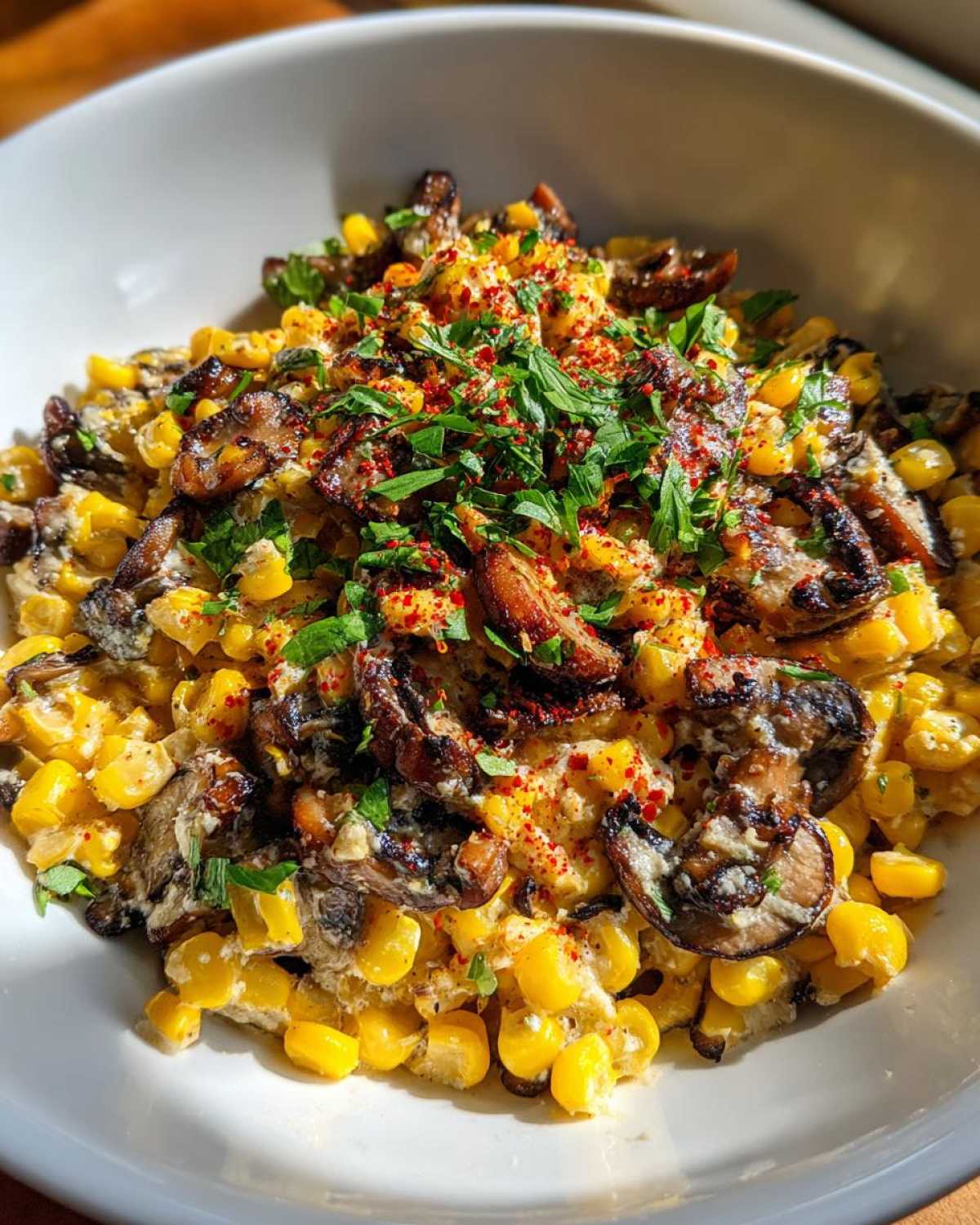 Close-up of Mexican Street Corn Salad MushroomSalus featuring charred mushrooms, creamy corn, and sprinkled with herbs and chili powder.