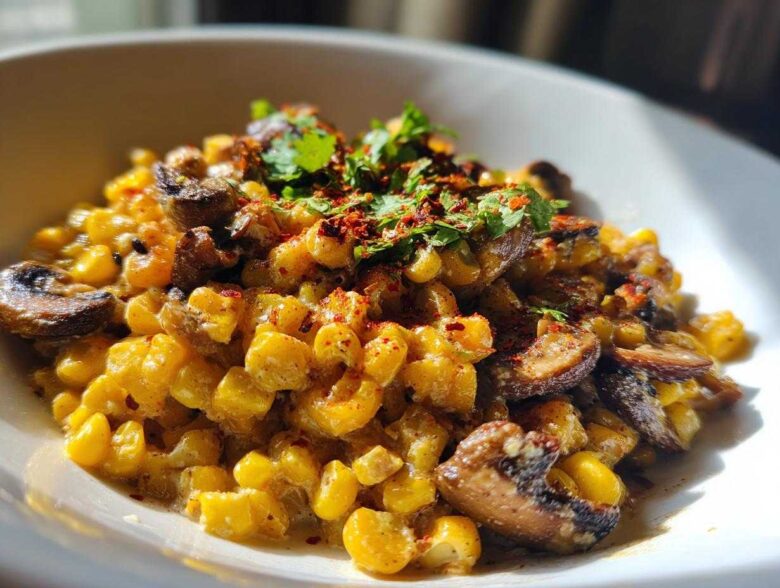 Close-up of creamy Mexican Street Corn Salad MushroomSalus topped with mushrooms, chili flakes, and cilantro.