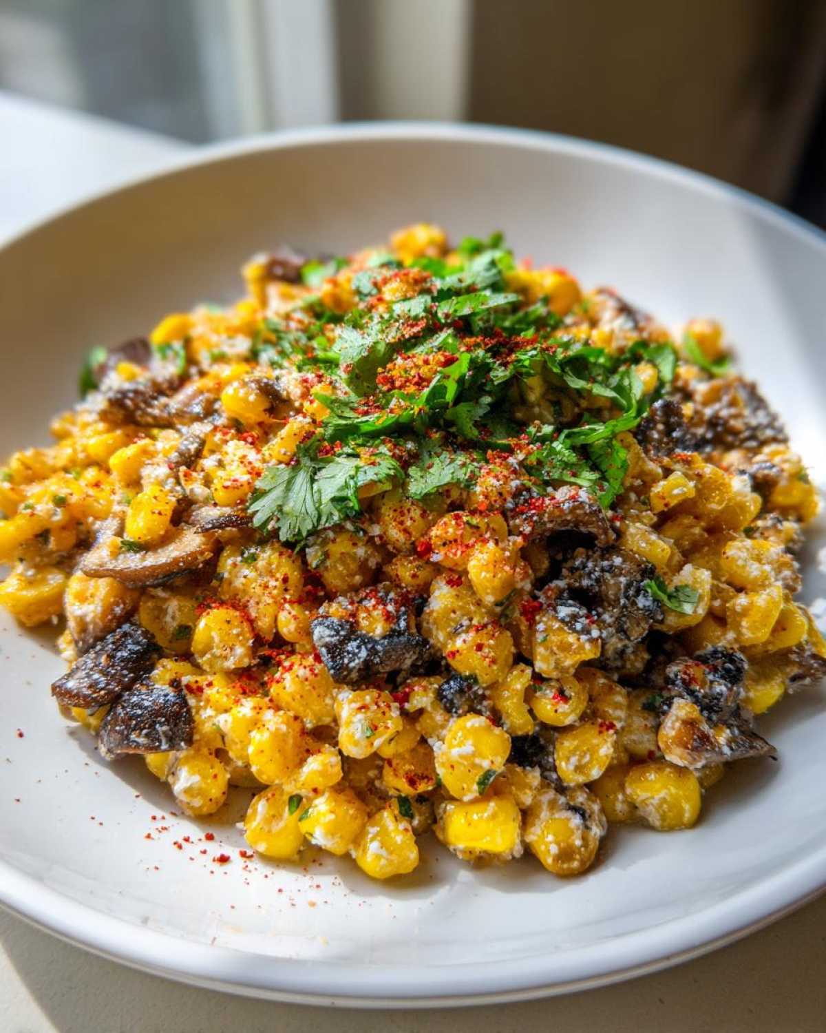Close-up of Mexican Street Corn Salad MushroomSalus with creamy sauce, mushrooms, and cilantro topping.