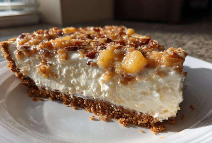 A close-up shot of a thick slice of million dollar pie featuring a graham cracker crust, creamy white filling, and a pecan and fruit topping.