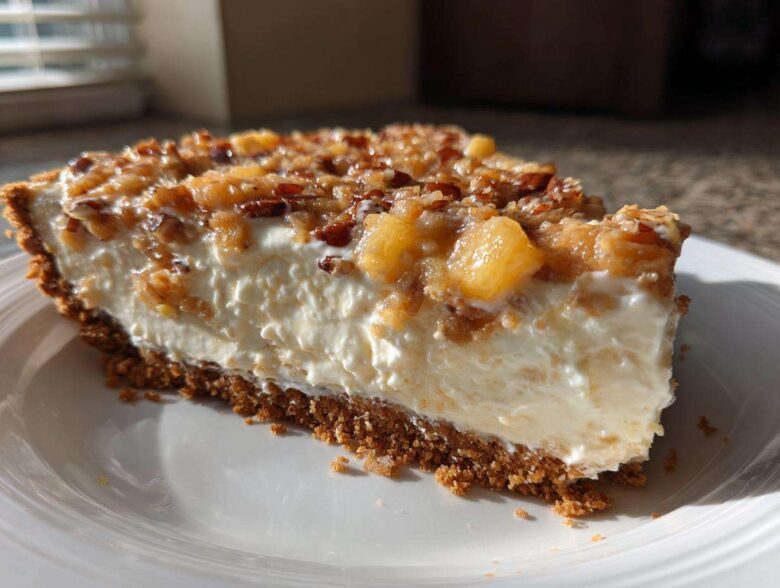 A close-up shot of a thick slice of million dollar pie featuring a graham cracker crust, creamy white filling, and a pecan and fruit topping.