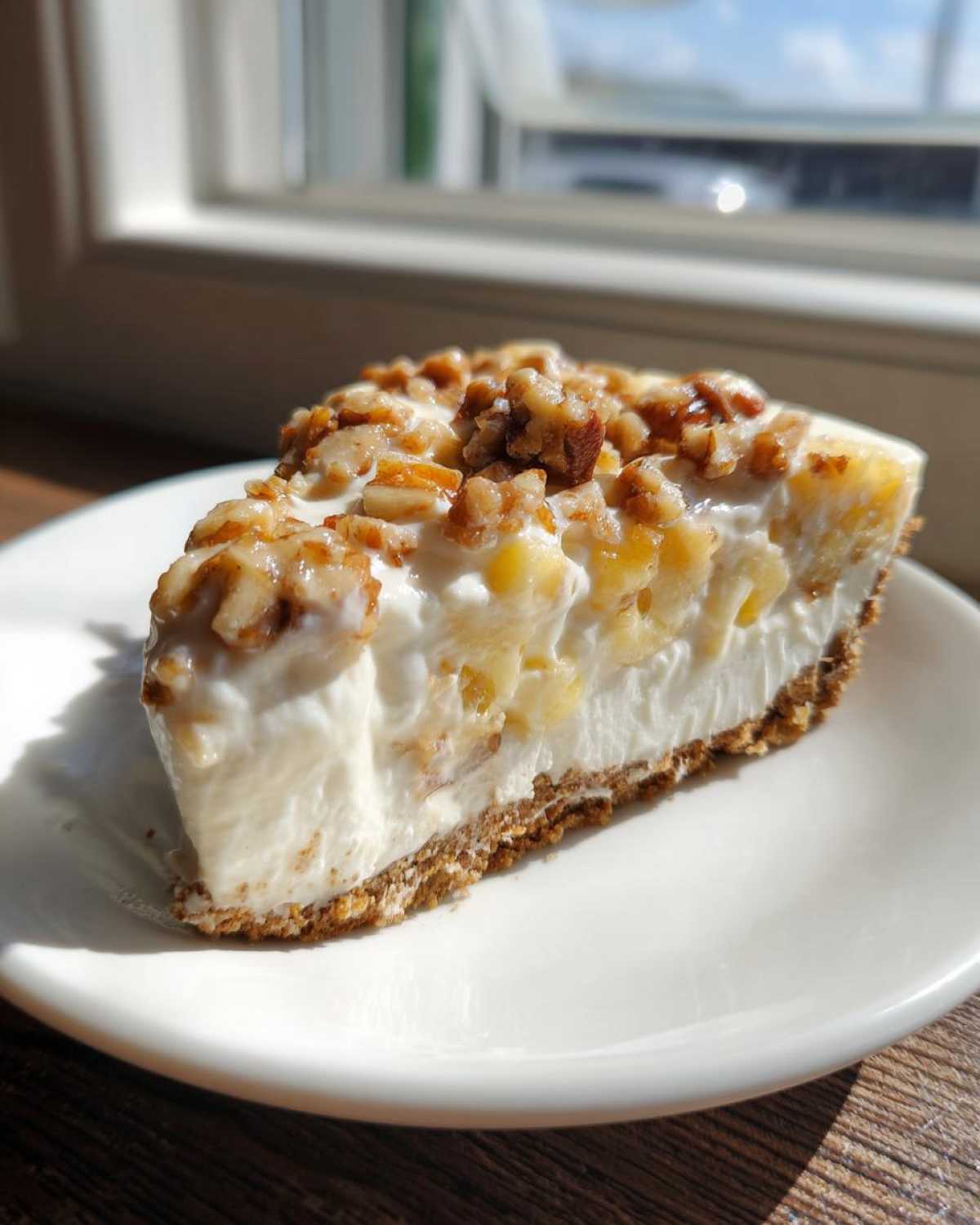 A close-up slice of creamy million dollar pie featuring a graham cracker crust, white filling, bananas, and topped with candied pecans.