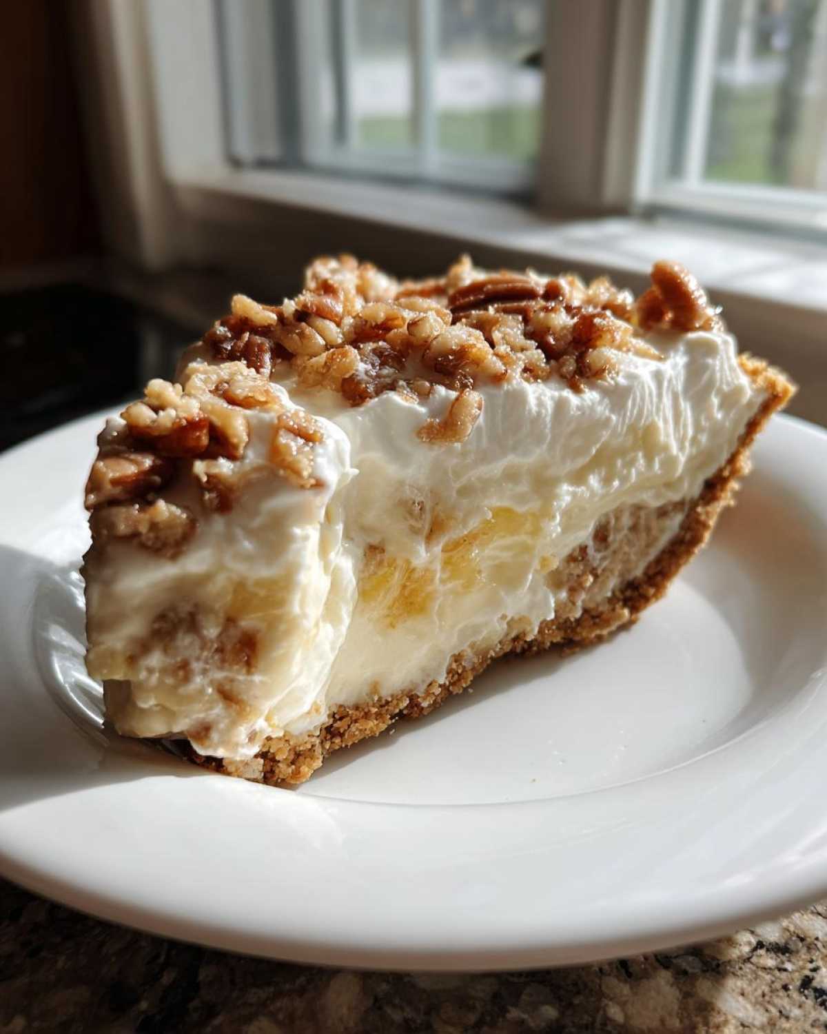 A generous slice of million dollar pie featuring a graham cracker crust, creamy filling, and topped with whipped cream and chopped pecans.