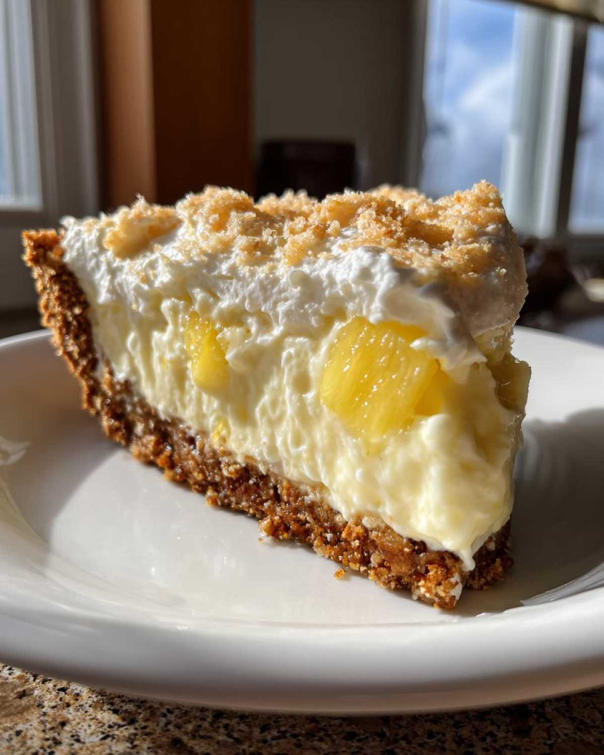 A close-up slice of million dollar pie featuring a graham cracker crust, creamy filling with pineapple chunks, and whipped topping.