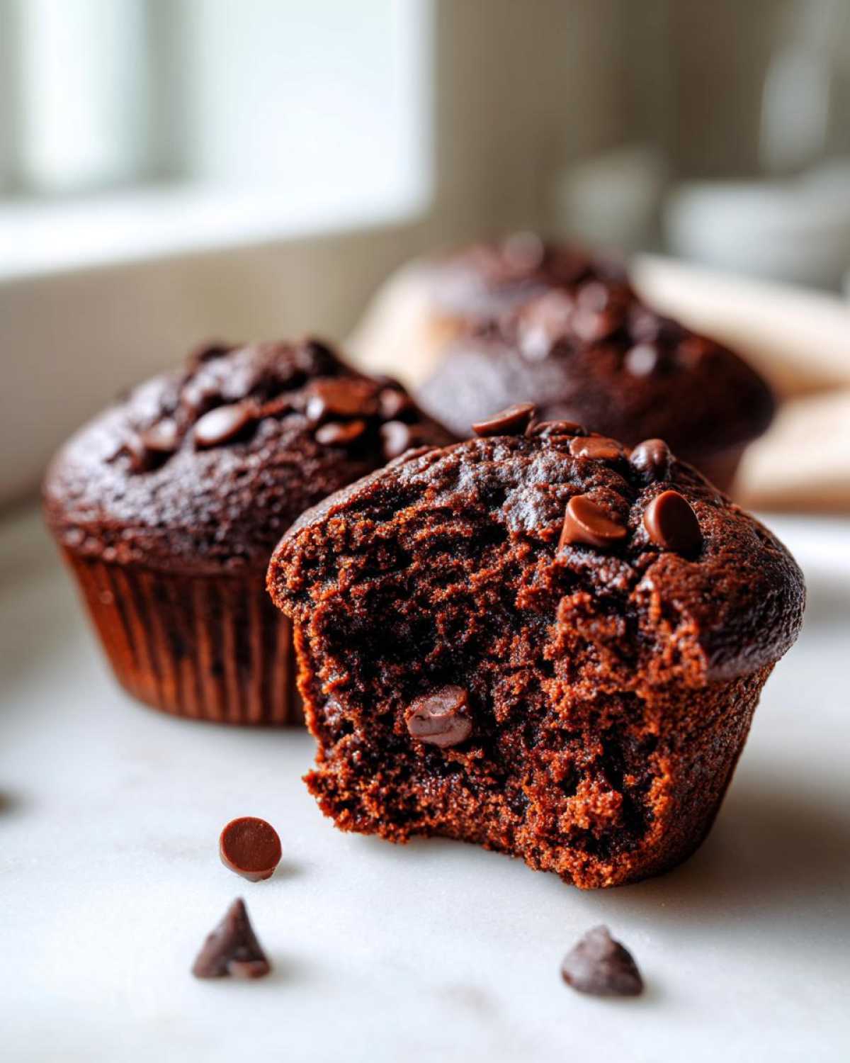 Close-up of a bitten Chocolate Banana Muffin showing its moist interior and chocolate chips.