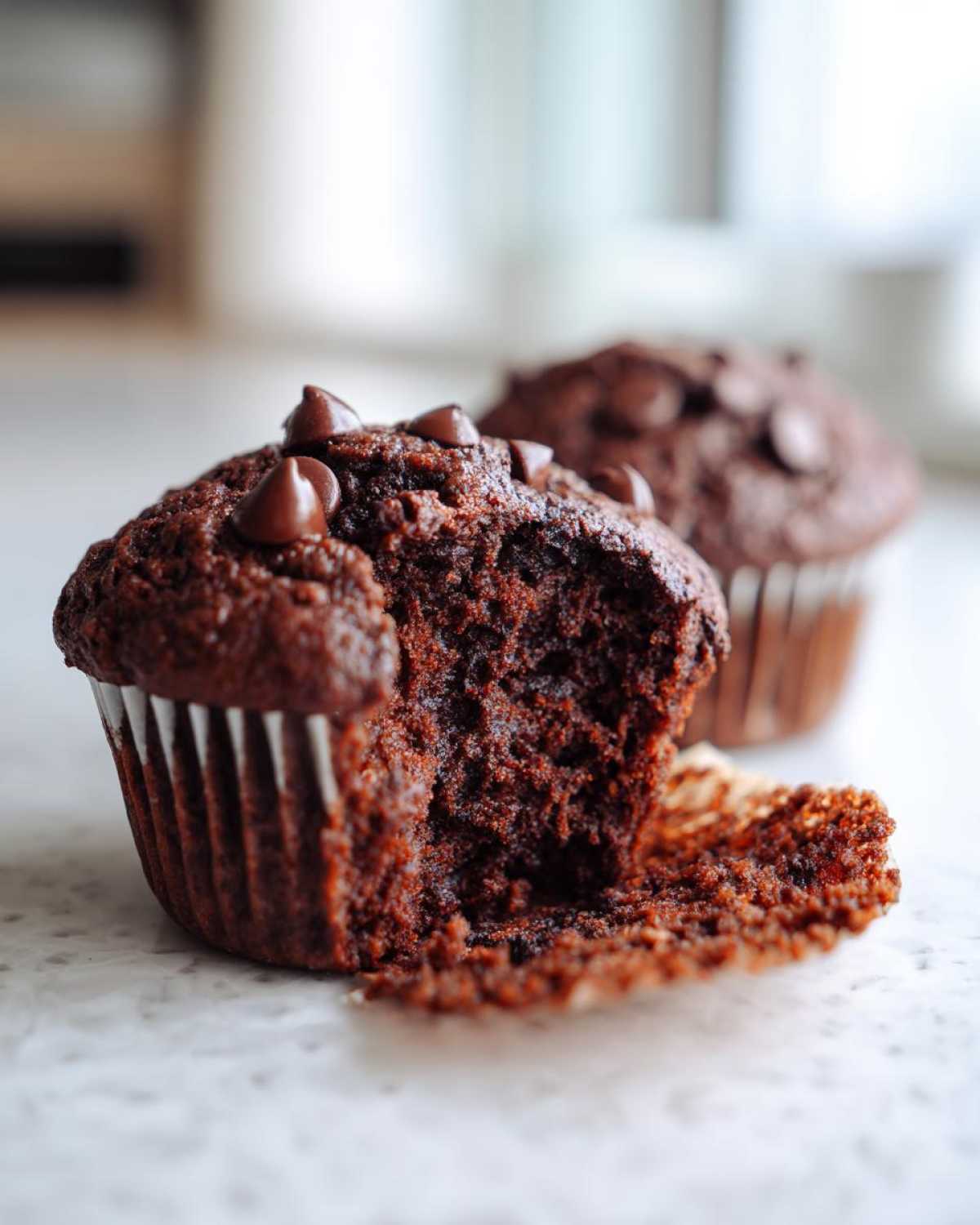 Close-up of a Chocolate Banana Muffin with a bite taken out, showing the moist interior and chocolate chips.