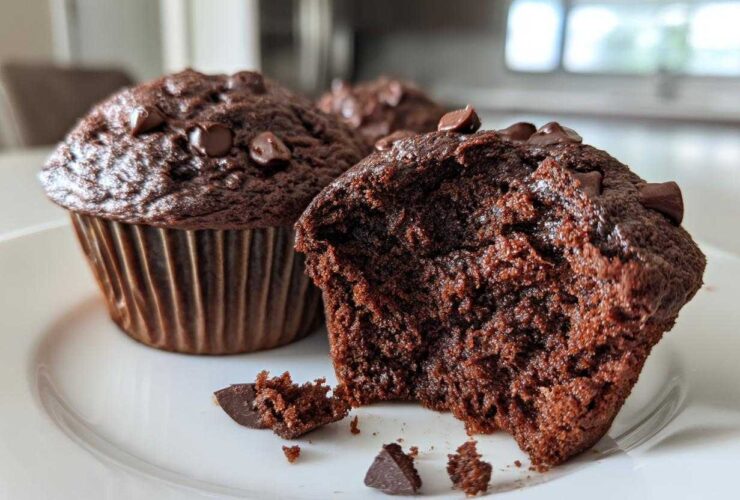 Close-up of a rich, dark Chocolate Banana Muffin with a bite taken out, showing the moist interior and chocolate chips.