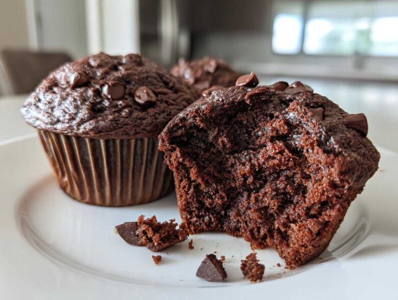 Close-up of a rich, dark Chocolate Banana Muffin with a bite taken out, showing the moist interior and chocolate chips.