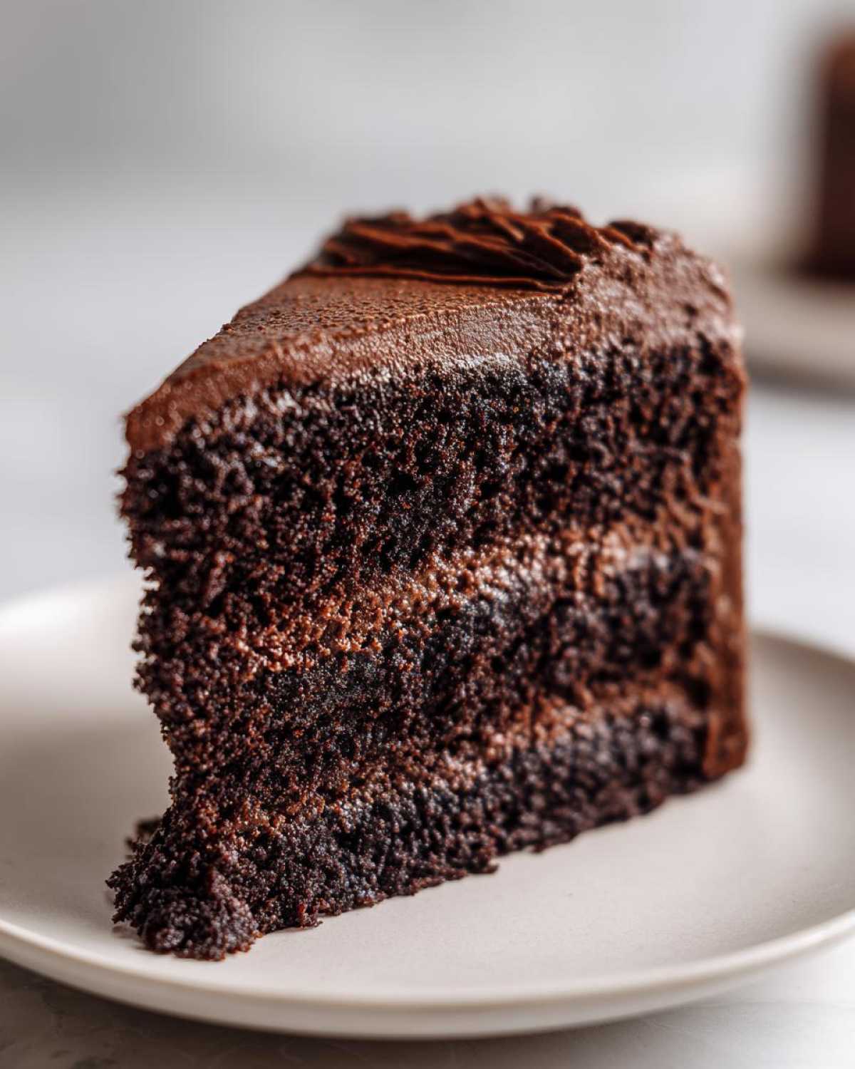 Close-up of a thick, moist slice of chocolate cake layered with dark chocolate frosting.