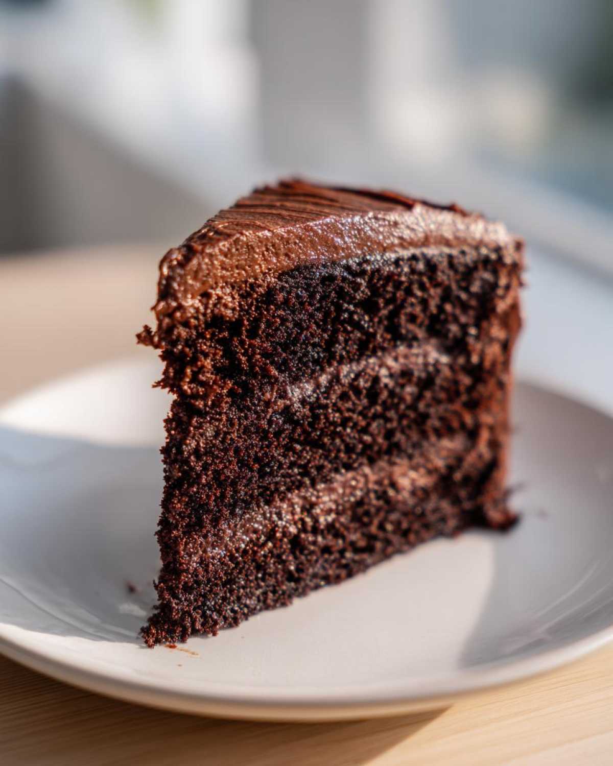 A close-up of a moist slice of three-layer chocolate cake with rich frosting.