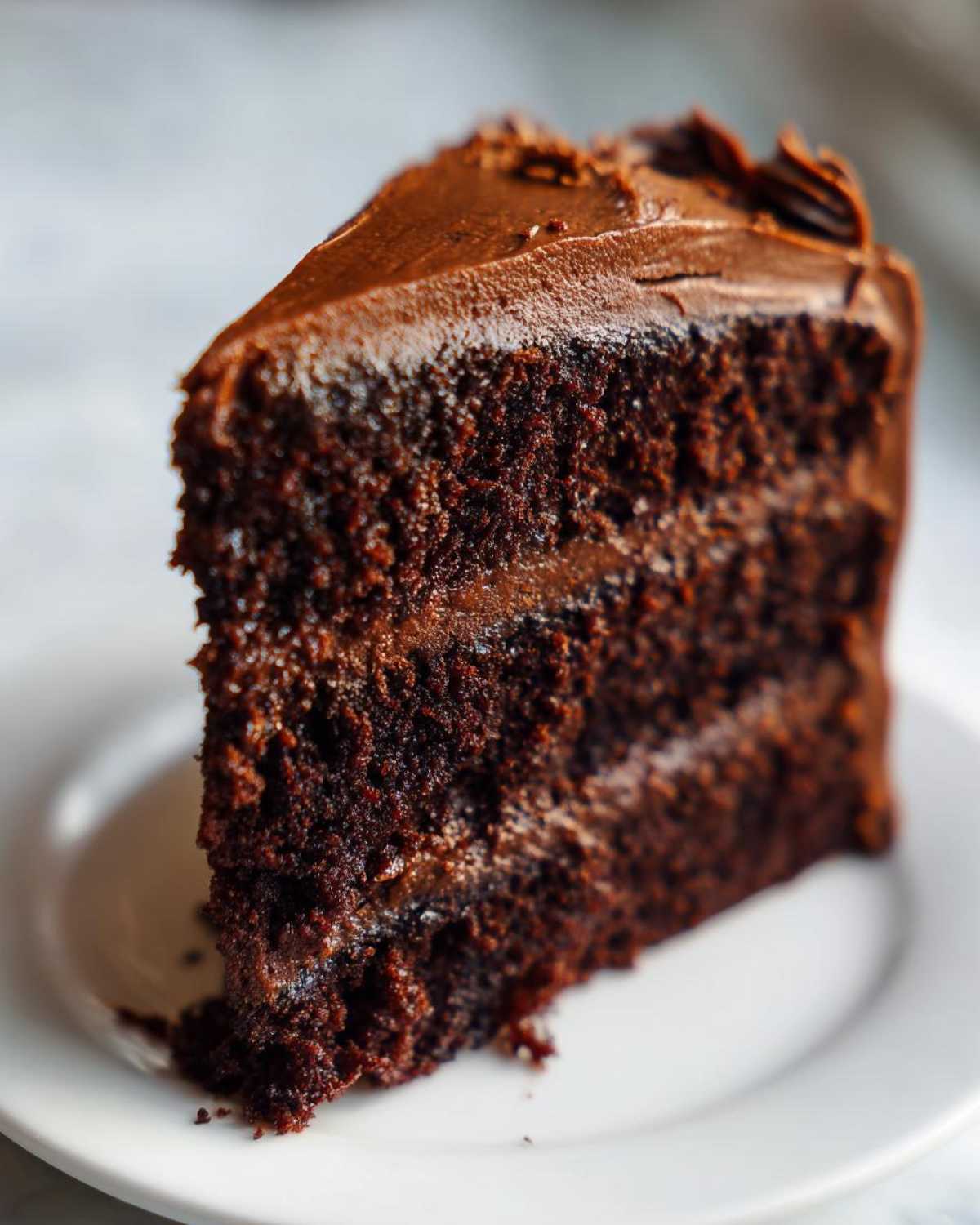 Close-up of a rich, moist slice of three-layer chocolate cake with thick chocolate frosting.